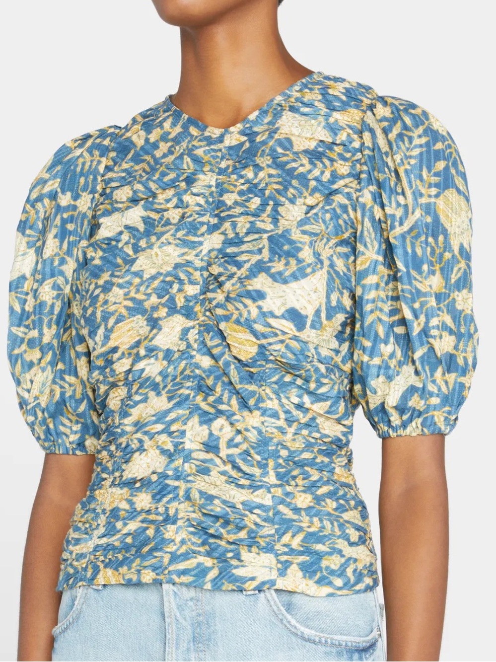 Ulla Johnson Naya Puff Sleeve Ruched Block Print Floral Top Lanai Teal Size 6